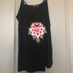 Black Boohoo Tank Top with Floral Embroidery